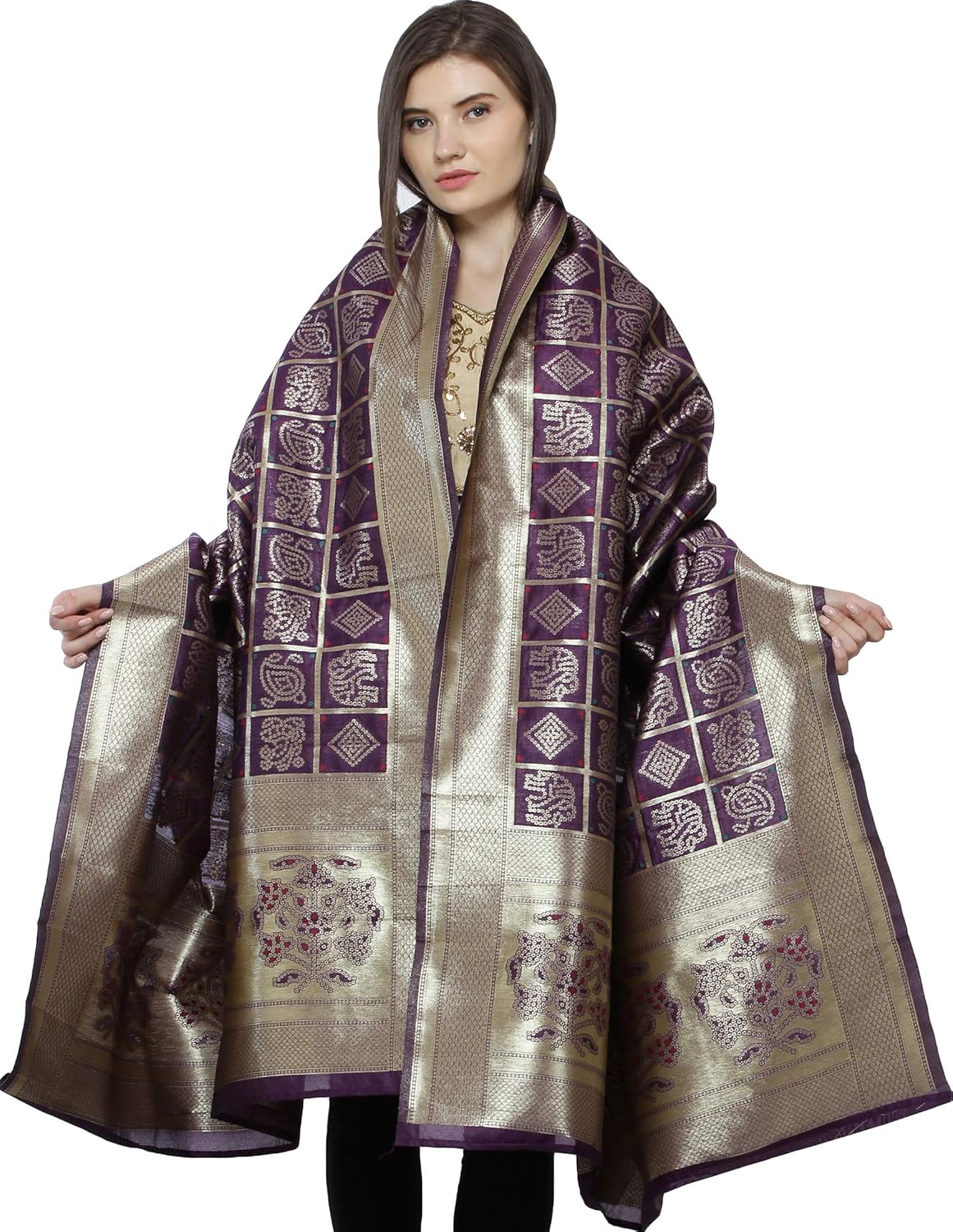 Exotic India Bandhani Gharchola Dupatta with Zari Weave and Brocaded Border - Art Silk