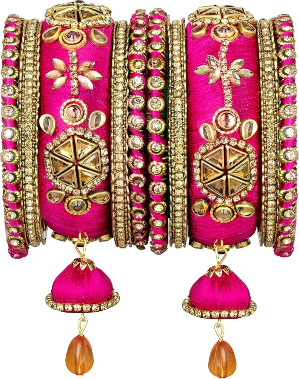 Aheli Royal Design Faux Stone Studded Silk Thread Bangle Chuda Set with Jhumki Tassel Hanging Indian Wedding Fashion Jewelry Gift for Women