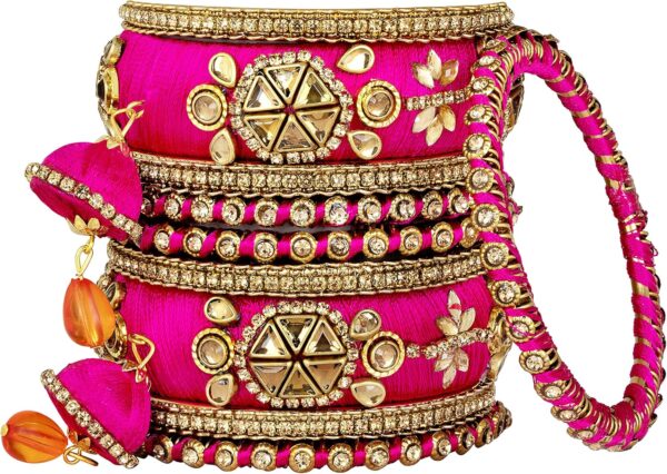 Aheli Royal Design Faux Stone Studded Silk Thread Bangle Chuda Set with Jhumki Tassel Hanging Indian Wedding Fashion Jewelry Gift for Women - Image 4
