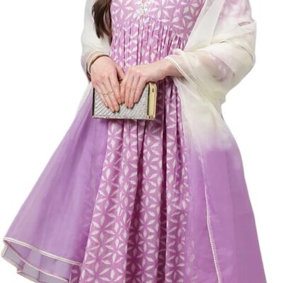 Women's Lavender Lurex Cotton Flared Kurta with Pant and Dupatta