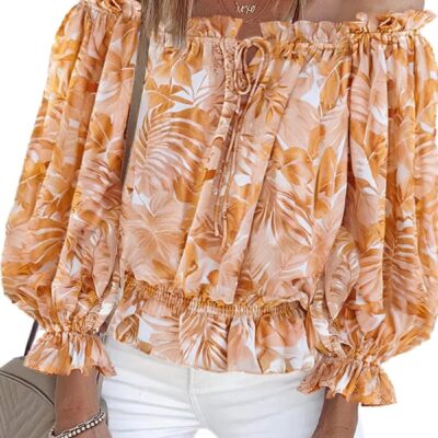 BLENCOT Summer Sexy Off Shoulder Tops for Women Boho Ruffle Sleeve Floral Chiffon Shirts Blouses