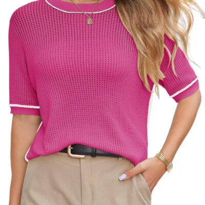 Dokotoo Women's Casual Short Sleeve Sweaters Loose Crewneck Crochet Hollow Out Knit Solid Pullover Sweater Jumper Tops