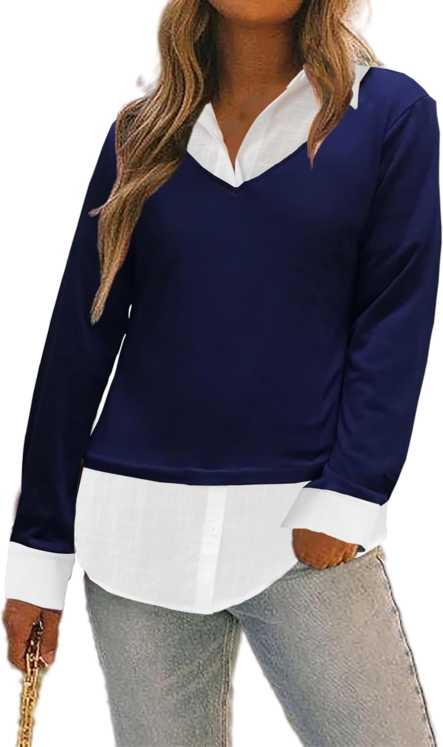 Oyamiki Women's Casual Collared Curved Hem 2 in 1 Pullover Tops Plaid Contrast Shirt Blouse