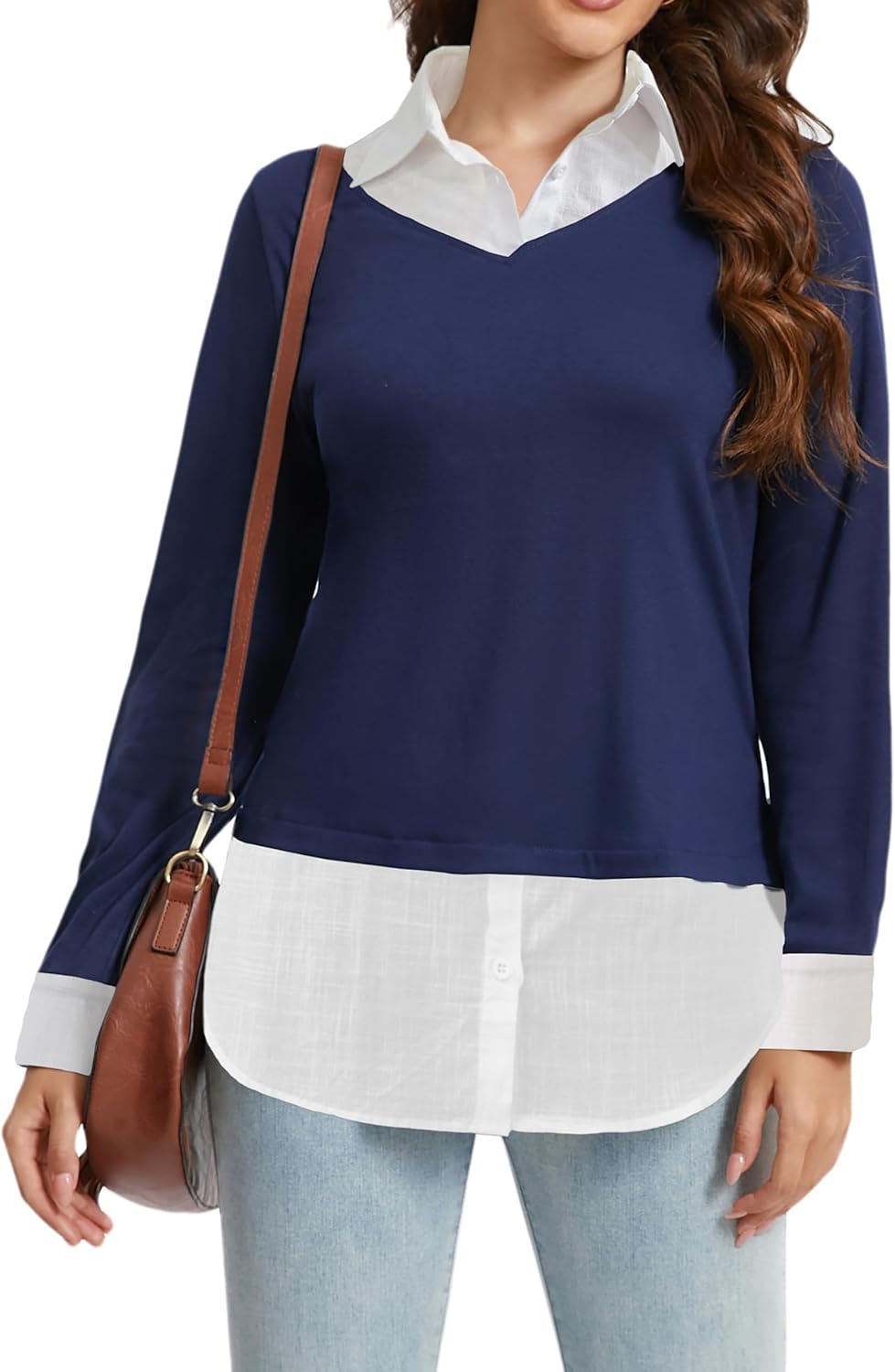 Oyamiki Women's Casual Collared Curved Hem 2 in 1 Pullover Tops Plaid Contrast Shirt Blouse - Image 3