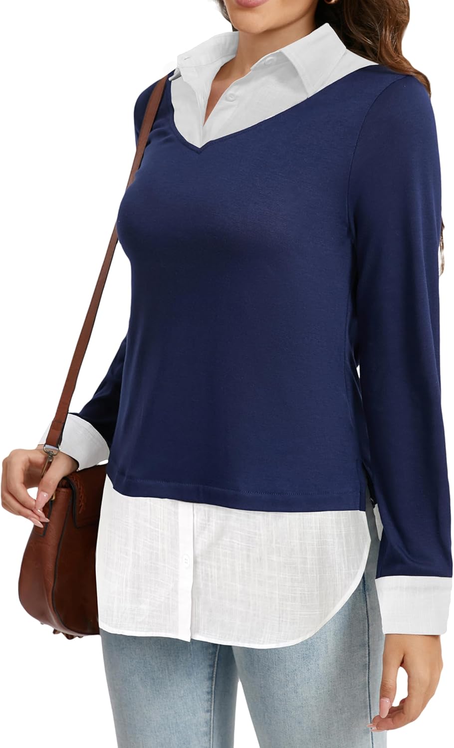 Oyamiki Women's Casual Collared Curved Hem 2 in 1 Pullover Tops Plaid Contrast Shirt Blouse - Image 4