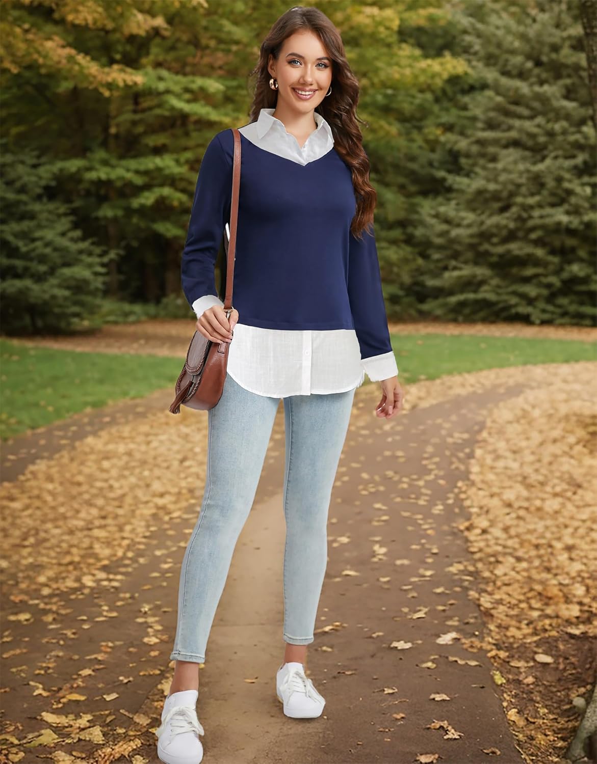 Oyamiki Women's Casual Collared Curved Hem 2 in 1 Pullover Tops Plaid Contrast Shirt Blouse - Image 5