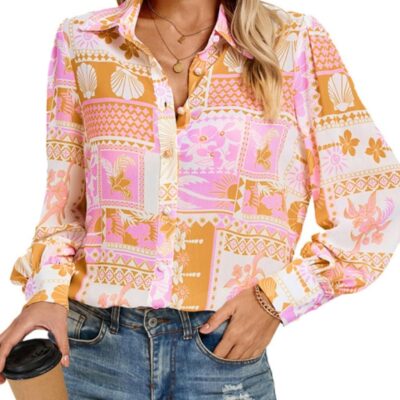 Kate Kasin 2025 Women's Hawaiian Button Down Shirt Long Lantern Sleeve Casual Floral Tropical Summer Blouses