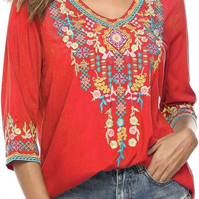 Grosy Womens Casual Summer Tops, Hippie Clothes, Traditional Floral Embroidered Boho Shirt, Mexican Peasant Blouses for Women