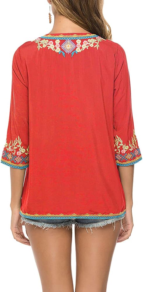 Grosy Womens Casual Summer Tops, Hippie Clothes, Traditional Floral Embroidered Boho Shirt, Mexican Peasant Blouses for Women - Image 5