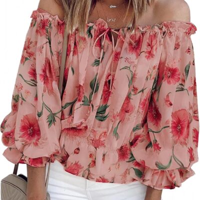 BLENCOT Summer Sexy Off Shoulder Tops for Women Boho Ruffle Sleeve Floral Chiffon Shirts Blouses