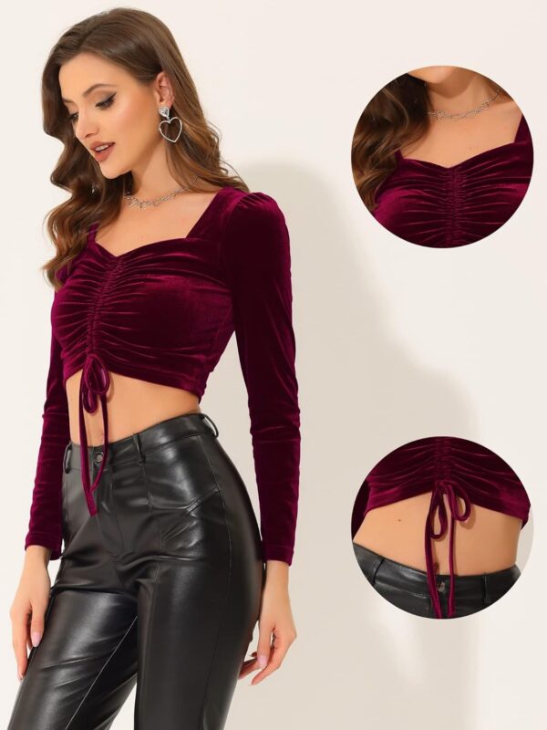 Allegra K Velvet Crop Top for Women's Halloween Ruched Drawstring Front Party Long Sleeve Top - Image 2