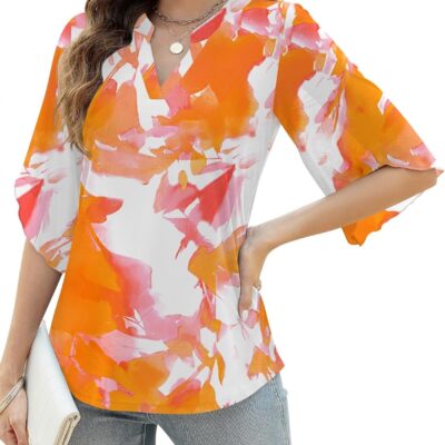 LUYAA Women's 3/4 Sleeve Blouses Tops V Neck Casual Dressy Double Layers Mesh Loose Fit Tunic Shirts