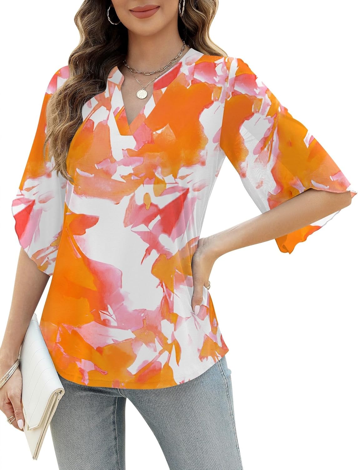 LUYAA Women's 3/4 Sleeve Blouses Tops V Neck Casual Dressy Double Layers Mesh Loose Fit Tunic Shirts