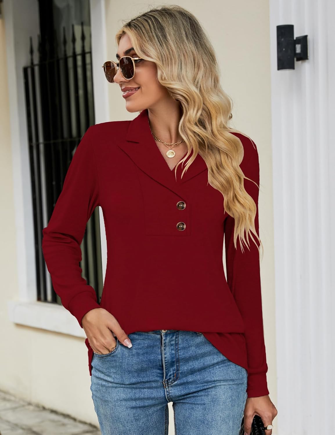 Micoson Women's Long Sleeve Button Lapel Tunic Tops V Neck Business Casual Swing Sweatshirt Pullover - Image 5