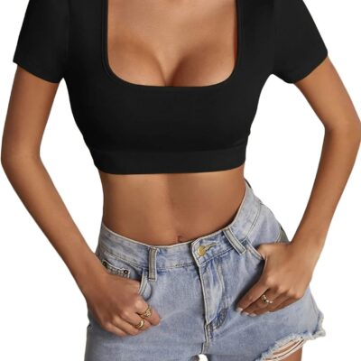 LYANER Women's Summer Crop Tops Square Neck Short Sleeve Workout Shirt Going Out Sexy Top Basic Slim Fit Tees