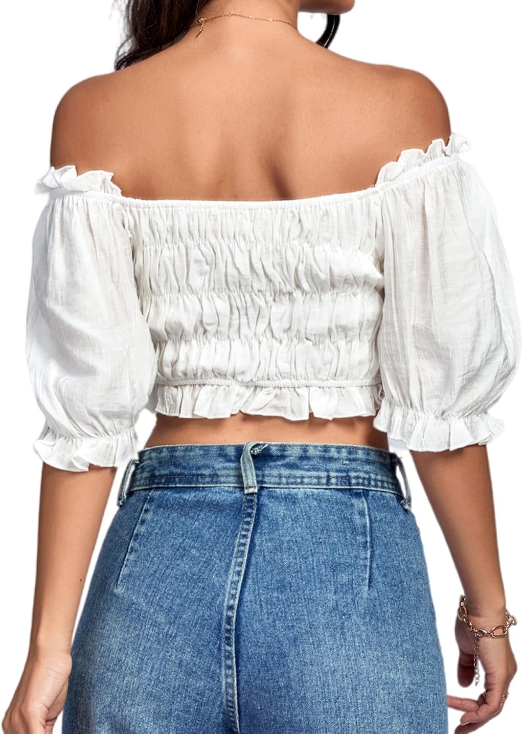 LYANER Women's Off Shoulder Ruffle Trim Ruched Short Sleeve Blouse Crop Top - Image 2