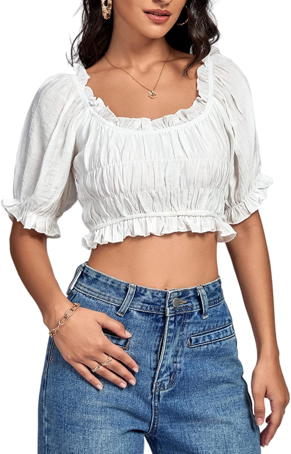 LYANER Women's Off Shoulder Ruffle Trim Ruched Short Sleeve Blouse Crop Top - Image 4