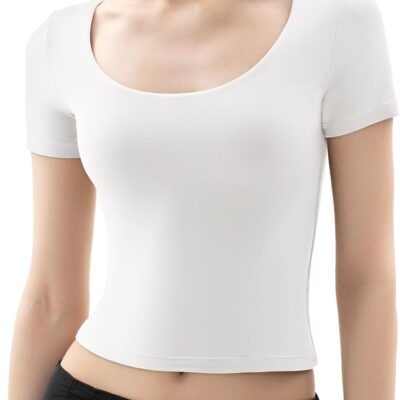 PUMIEY Women's Scoop Neck Short Sleeve T Shirt Slim Fit Sexy Tops Smoke Cloud Collection