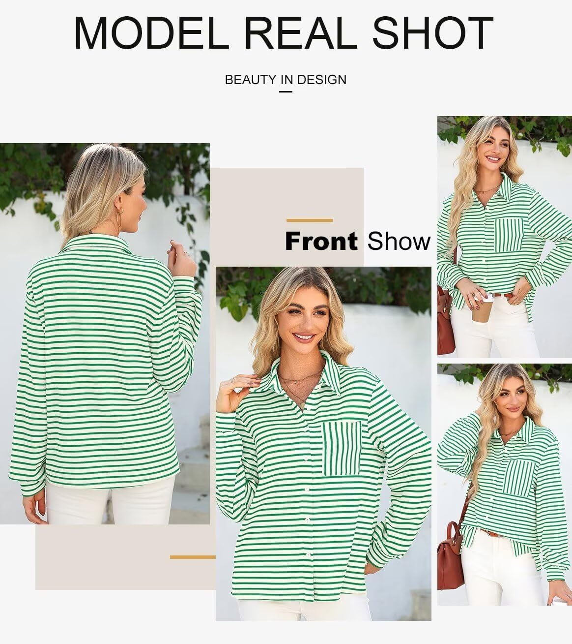 Astylish Women's 2025 Oversized Long Sleeve Shirts Button Up Striped Collared Front Pocket Top - Image 3