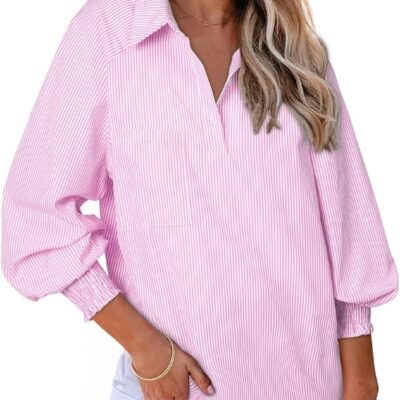 Astylish Women 2025 Fine Striped Smocked Cuffed Henley Shirts Long Sleeve Collared Blouse Tops with Pocket