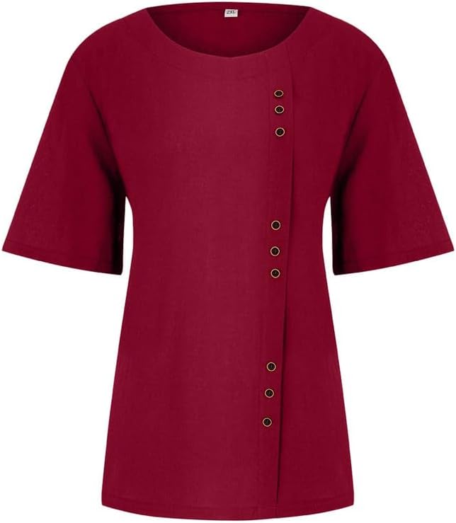 Women's Cotton Linen Shirts Short Sleeve Crewneck Blouse Button Casual Loose Fit T Shirt Tunic Tops for Summer - Image 3