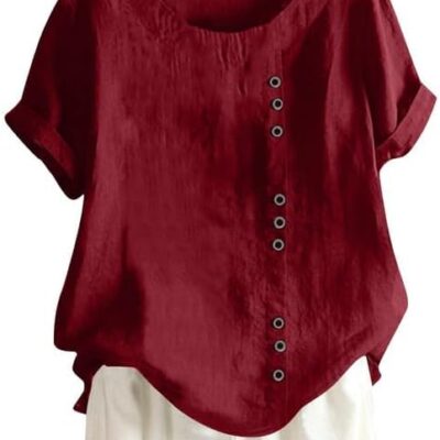Women's Cotton Linen Shirts Short Sleeve Crewneck Blouse Button Casual Loose Fit T Shirt Tunic Tops for Summer