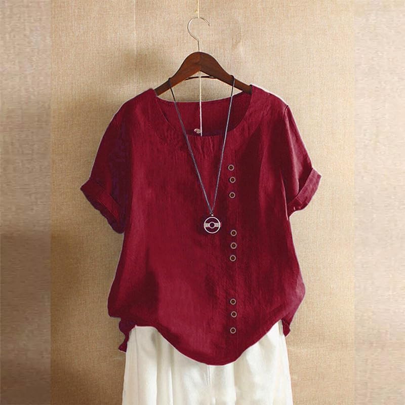 Women's Cotton Linen Shirts Short Sleeve Crewneck Blouse Button Casual Loose Fit T Shirt Tunic Tops for Summer - Image 2