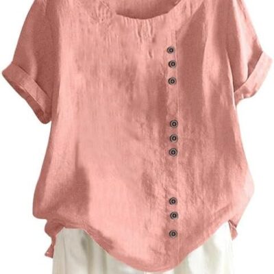 Women's Cotton Linen Shirts Short Sleeve Crewneck Blouse Button Casual Loose Fit T Shirt Tunic Tops for Summer