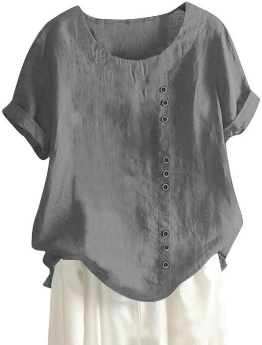Women's Cotton Linen Shirts Short Sleeve Crewneck Blouse Button Casual Loose Fit T Shirt Tunic Tops for Summer