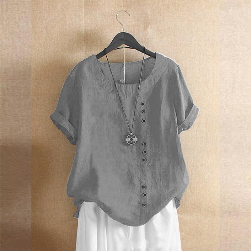 Women's Cotton Linen Shirts Short Sleeve Crewneck Blouse Button Casual Loose Fit T Shirt Tunic Tops for Summer - Image 2