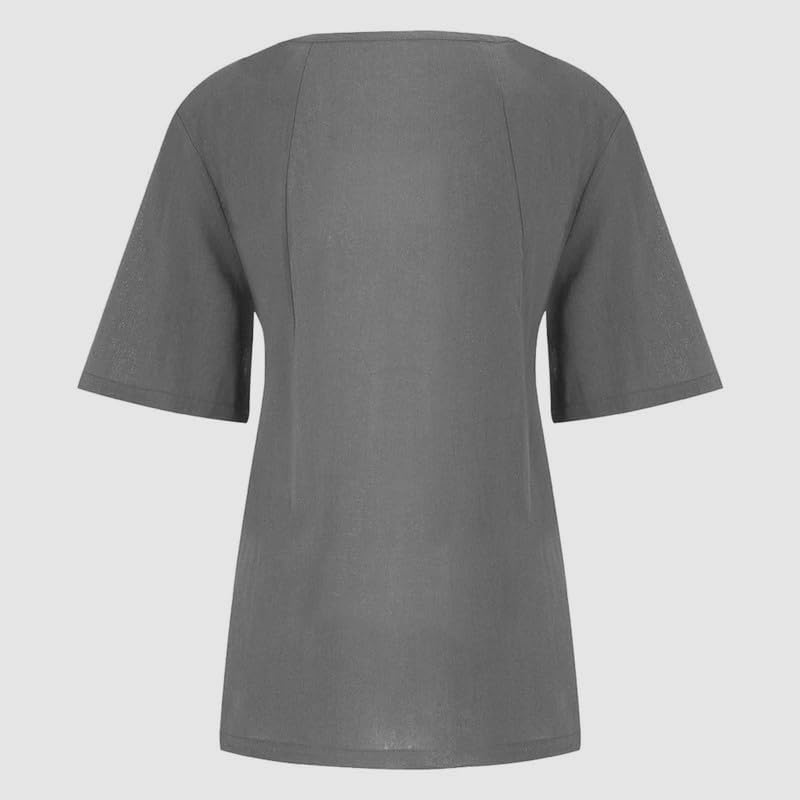 Women's Cotton Linen Shirts Short Sleeve Crewneck Blouse Button Casual Loose Fit T Shirt Tunic Tops for Summer - Image 4