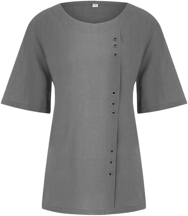 Women's Cotton Linen Shirts Short Sleeve Crewneck Blouse Button Casual Loose Fit T Shirt Tunic Tops for Summer - Image 3