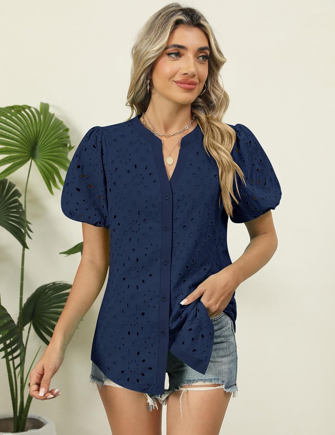 Rapbin Blouses for Women Dressy Casual V Neck Short Sleeve Eyelet Summer Tops Button Down Lace Embroidered Shirts - Image 2