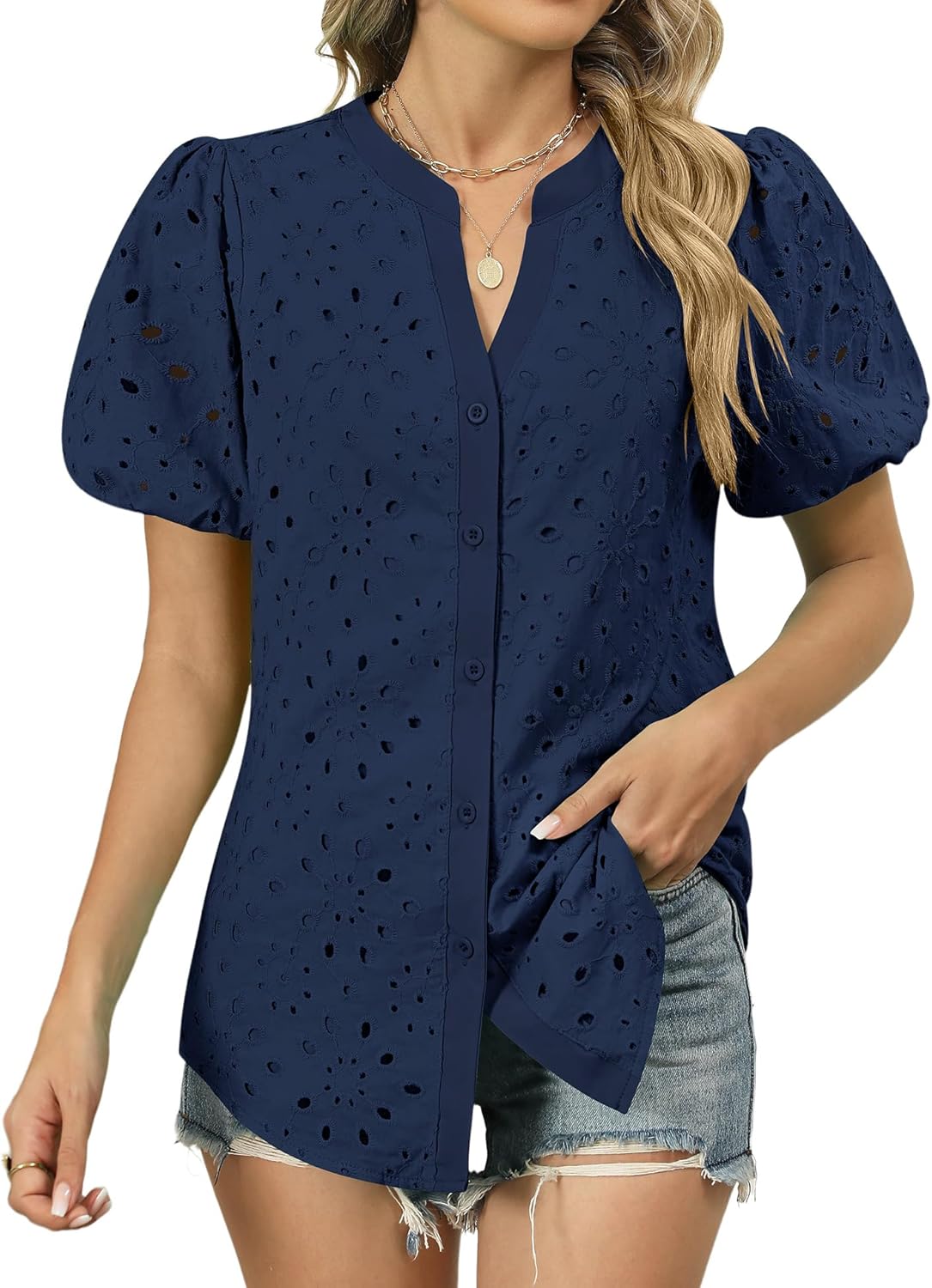 Rapbin Blouses for Women Dressy Casual V Neck Short Sleeve Eyelet Summer Tops Button Down Lace Embroidered Shirts