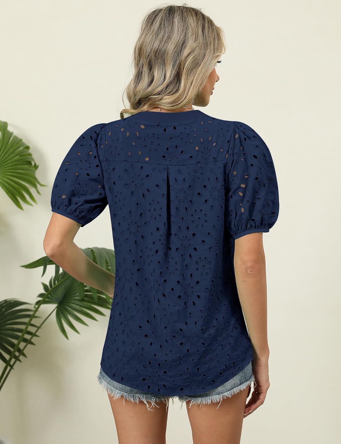 Rapbin Blouses for Women Dressy Casual V Neck Short Sleeve Eyelet Summer Tops Button Down Lace Embroidered Shirts - Image 3