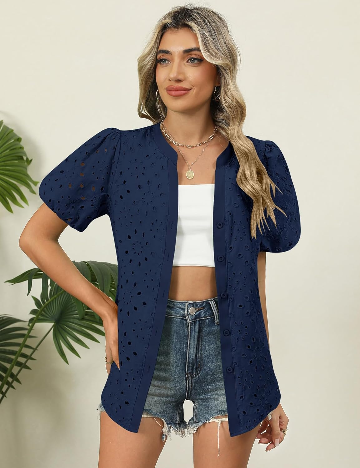 Rapbin Blouses for Women Dressy Casual V Neck Short Sleeve Eyelet Summer Tops Button Down Lace Embroidered Shirts - Image 4