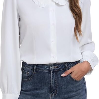 MINTLIMIT Women's Peter Pan Collar Shirt Long Sleeve Button Down Shirts Casual Work Vintage Blouses