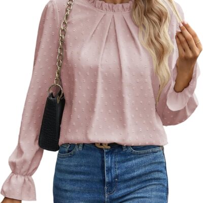 Women's Swiss Dot Shirt Ruffle Long Sleeve Pleated Crewneck Blouse Casual Loose Tops