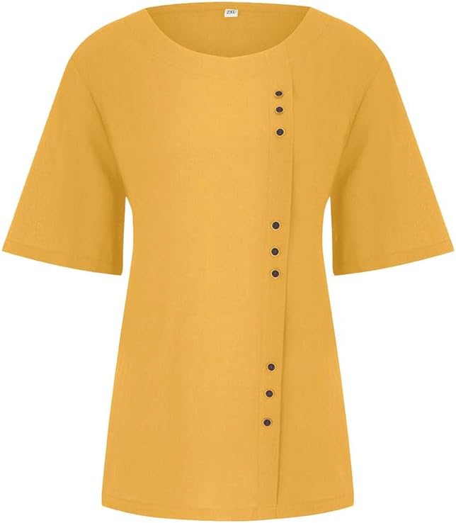 Women's Cotton Linen Shirts Short Sleeve Crewneck Blouse Button Casual Loose Fit T Shirt Tunic Tops for Summer - Image 3