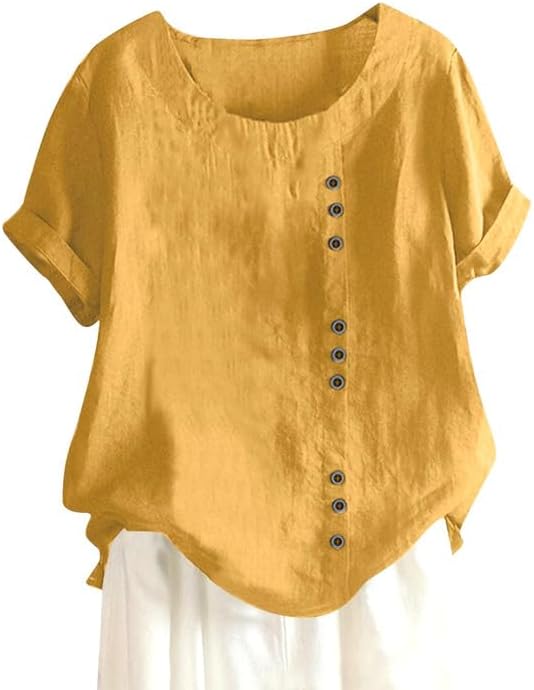 Women's Cotton Linen Shirts Short Sleeve Crewneck Blouse Button Casual Loose Fit T Shirt Tunic Tops for Summer