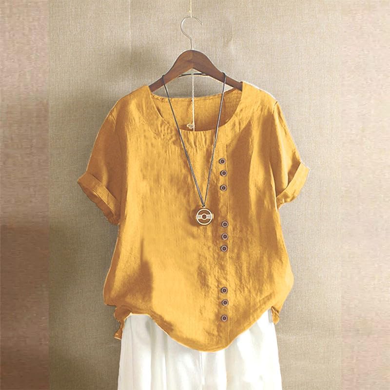 Women's Cotton Linen Shirts Short Sleeve Crewneck Blouse Button Casual Loose Fit T Shirt Tunic Tops for Summer - Image 2