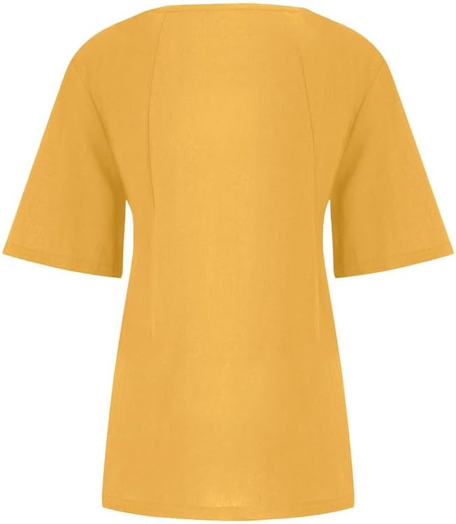 Women's Cotton Linen Shirts Short Sleeve Crewneck Blouse Button Casual Loose Fit T Shirt Tunic Tops for Summer - Image 4