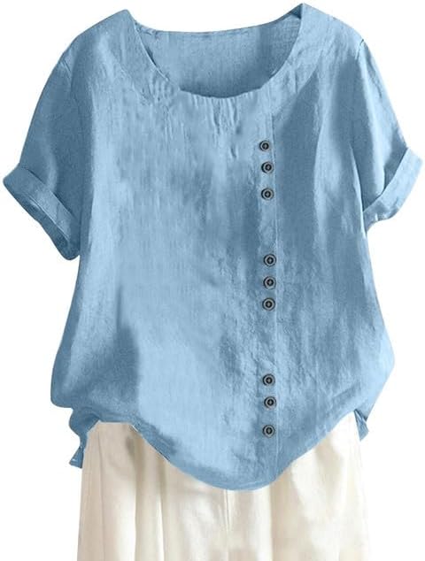 Women's Cotton Linen Shirts Short Sleeve Crewneck Blouse Button Casual Loose Fit T Shirt Tunic Tops for Summer