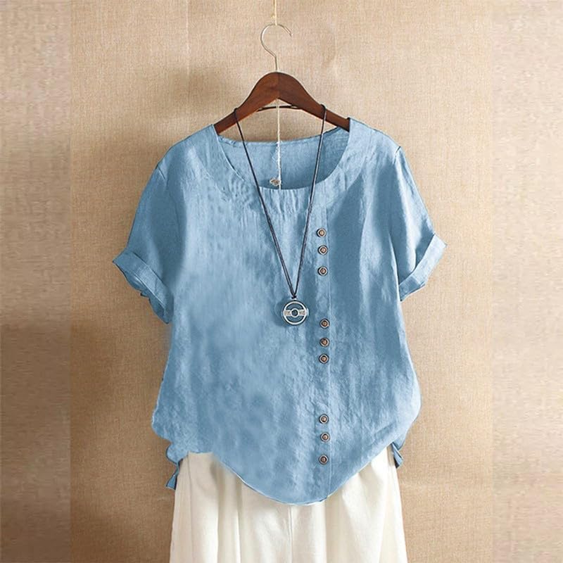 Women's Cotton Linen Shirts Short Sleeve Crewneck Blouse Button Casual Loose Fit T Shirt Tunic Tops for Summer - Image 2