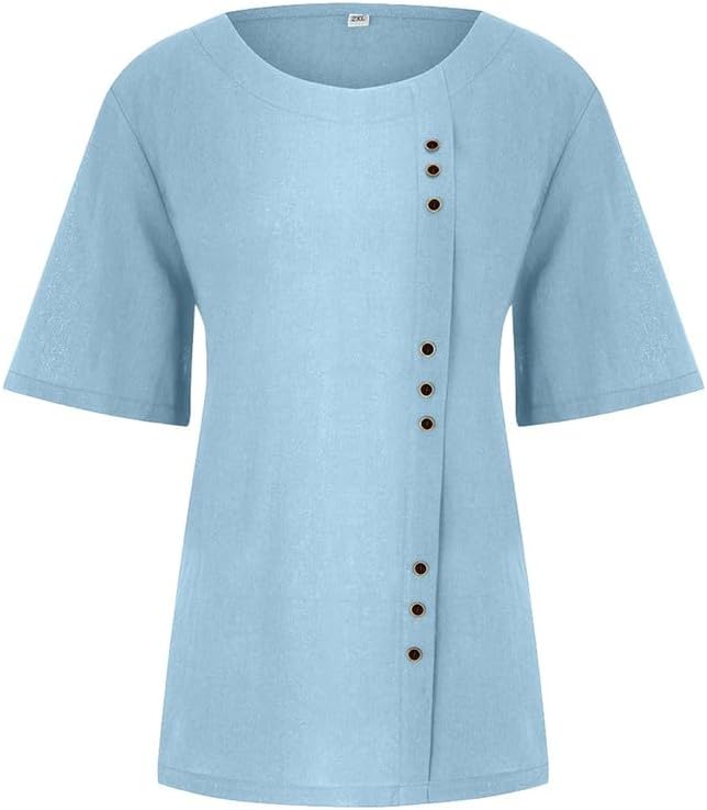 Women's Cotton Linen Shirts Short Sleeve Crewneck Blouse Button Casual Loose Fit T Shirt Tunic Tops for Summer - Image 3