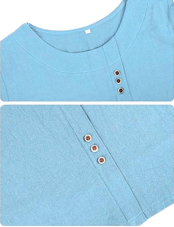 Women's Cotton Linen Shirts Short Sleeve Crewneck Blouse Button Casual Loose Fit T Shirt Tunic Tops for Summer - Image 5