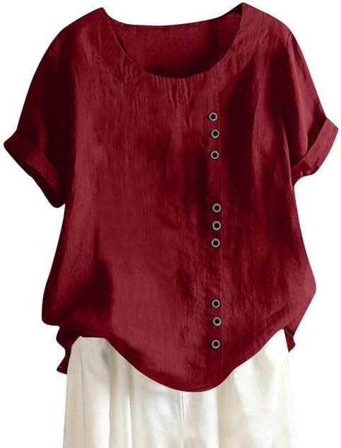 Women's Cotton Linen Shirts Short Sleeve Crewneck Blouse Button Casual Loose Fit T Shirt Tunic Tops for Summer