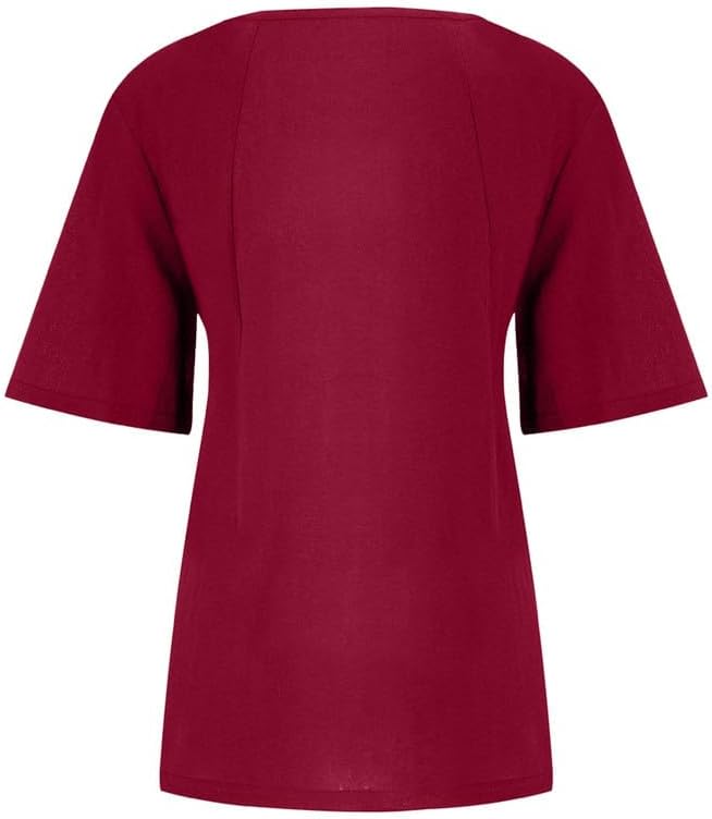 Women's Cotton Linen Shirts Short Sleeve Crewneck Blouse Button Casual Loose Fit T Shirt Tunic Tops for Summer - Image 4