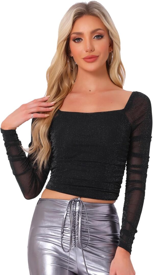 Allegra K Ruched Tops for Women's Square Neck Long Sleeve Mesh Glitter Blouse