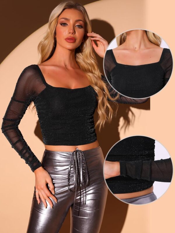 Allegra K Ruched Tops for Women's Square Neck Long Sleeve Mesh Glitter Blouse - Image 2